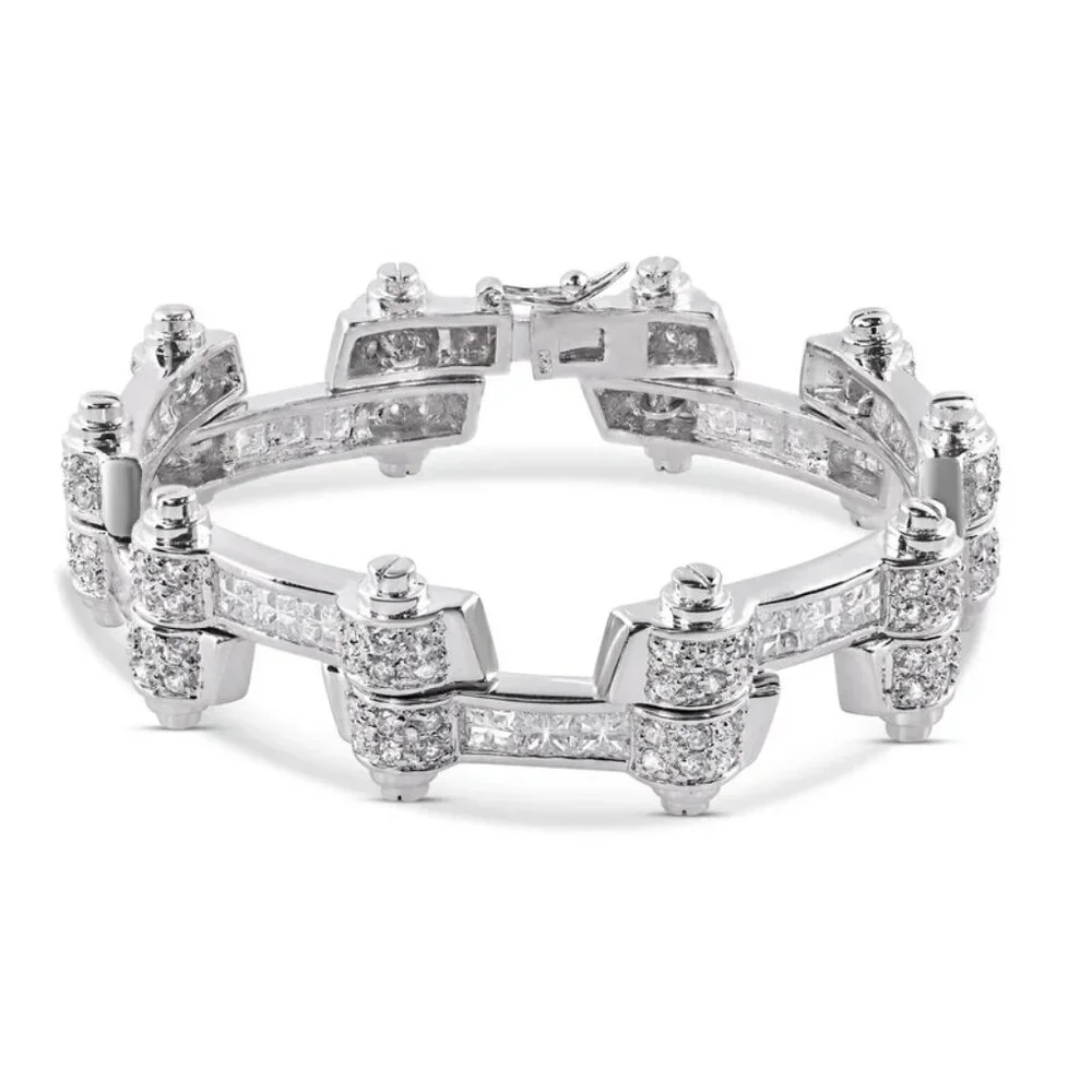 Rhodium Plated 925 Sterling Silver DC CZ Alternating Hinge Men's Bracelet 9